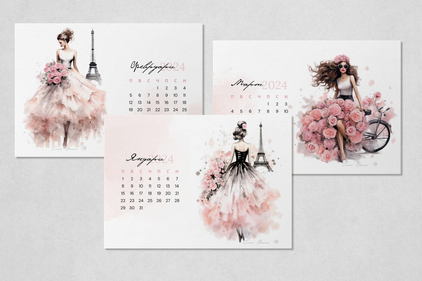 месечен календар, 2024, А4, календари за 2024, париж, календар с рози, календар с цветя, женски календар, календар за момиче